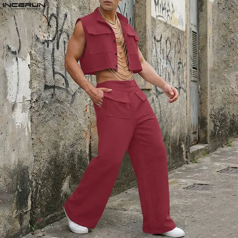 Men Fashion Upper - INCERUN Men Sets Solid Sleeveless Crop